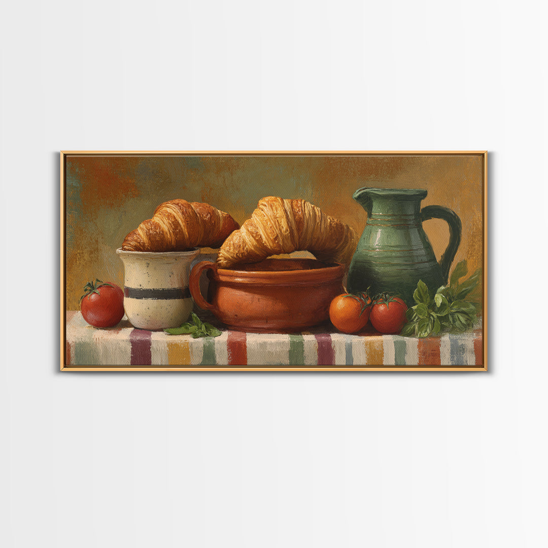 Buttery Croissants Stacked on Striped Linen Canvas Print, Bakery Art, Colorful Wall Art, Bakery Decor, Abstract Art, Patisserie, BAK-2x1-93