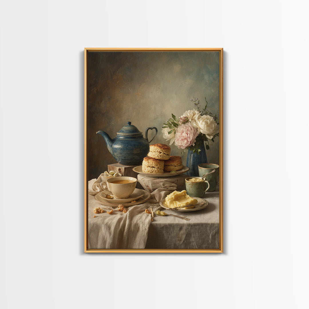 Tea and Scone Arrangement Framed Canvas Print, Bakery Art, Printable Wall Art, Bakery Decor, Patisserie, Coffee Wall Art, BAK-2x3-100