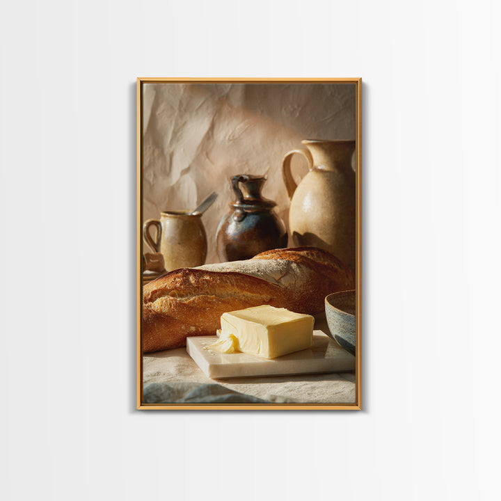 Baguette and Butter Still Life on Marble Canvas Print, Bakery Art, Gallery Decor, Bakery Decor, Fine Art, Patisserie, BAK-2x3-16