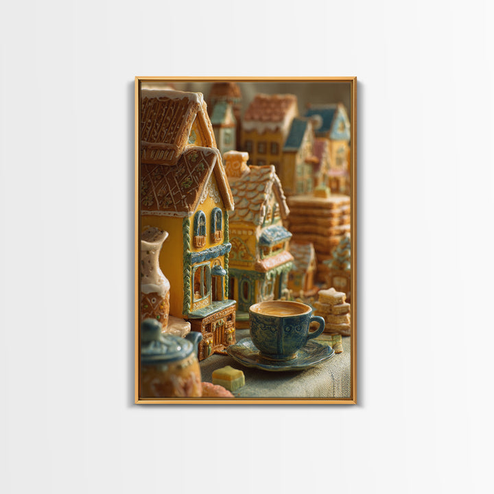 Gingerbread Houses in Charming Folk Art Style Framed Canvas Print, Bakery Art, Wall Decor, Bakery Decor, Fine Art, Patisserie, BAK-2x3-22
