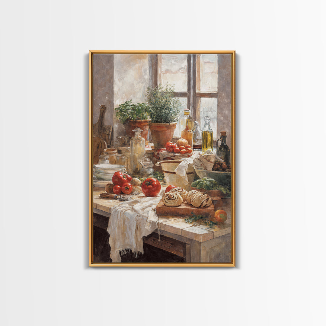 Cinnamon Rolls in a Warm Country Kitchen Framed Canvas Print, Bakery Art, Watercolor Painting, Bakery Decor, Patisserie, BAK-2x3-43