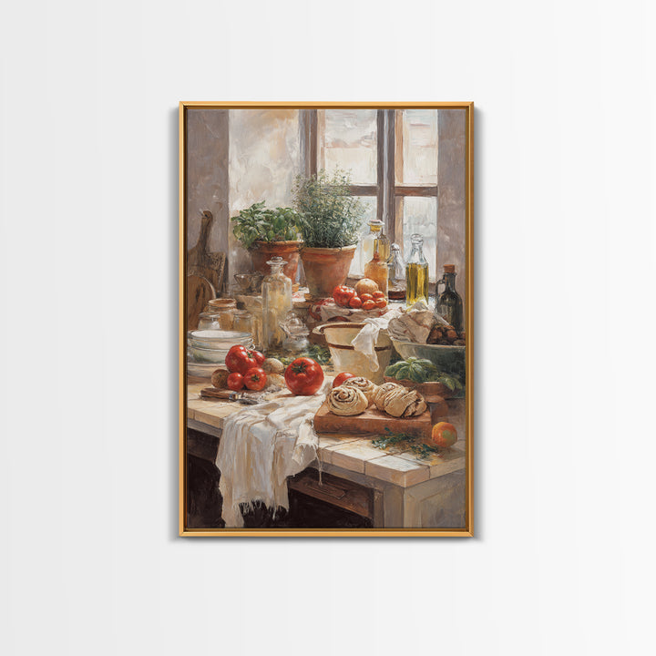 Cinnamon Rolls in a Warm Country Kitchen Framed Canvas Print, Bakery Art, Watercolor Painting, Bakery Decor, Patisserie, BAK-2x3-43