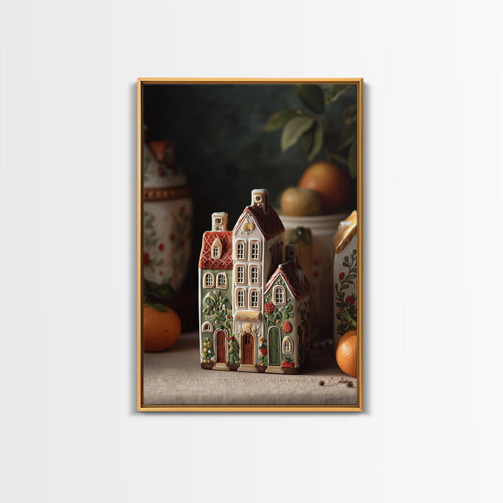 Gingerbread Houses in Charming Folk Art Style Framed Canvas Print, Bakery Art, Wall Decor, Bakery Decor, Fine Art, Patisserie, BAK-2x3-46