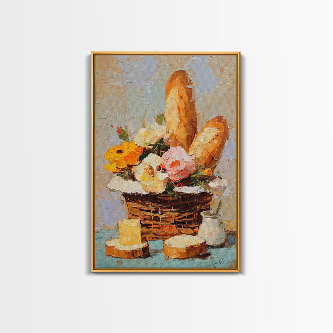 French Market Basket Filled Canvas Print, Bakery Art, Print, Bakery Decor, Oil Painting, Patisserie, Food Art, Kitchen Print, BAK-2x3-50