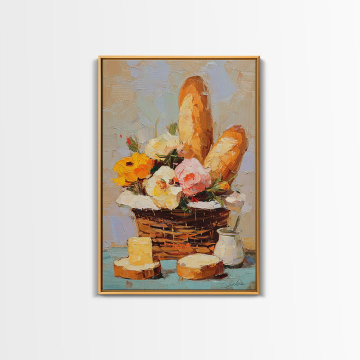 French Market Basket Filled Canvas Print, Bakery Art, Print, Bakery Decor, Oil Painting, Patisserie, Food Art, Kitchen Print, BAK-2x3-50