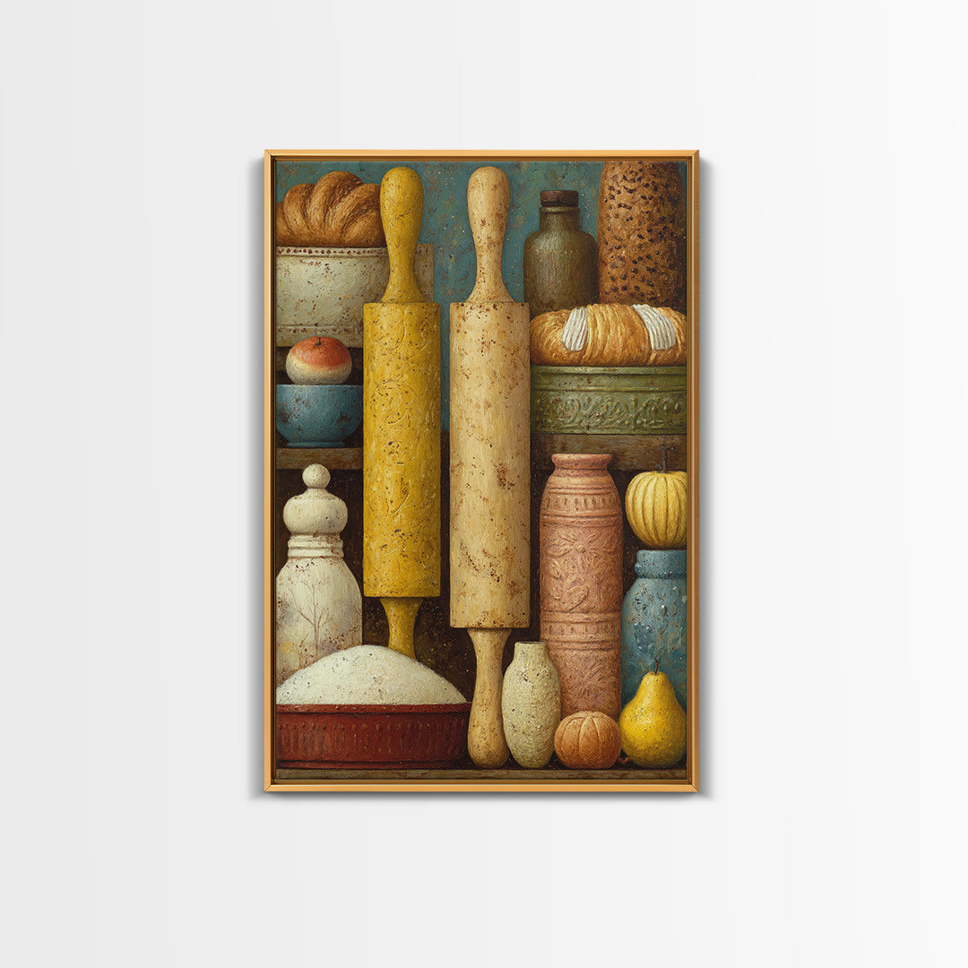 Patisserie Pattern of Rolling Pins and Pastries Framed Canvas Print, Bakery Art, Kitchen Prints, Bakery Decor, Oil Painting, BAK-2x3-53