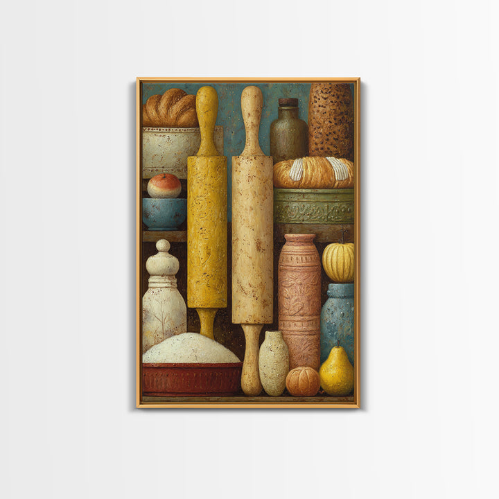 Patisserie Pattern of Rolling Pins and Pastries Framed Canvas Print, Bakery Art, Kitchen Prints, Bakery Decor, Oil Painting, BAK-2x3-53