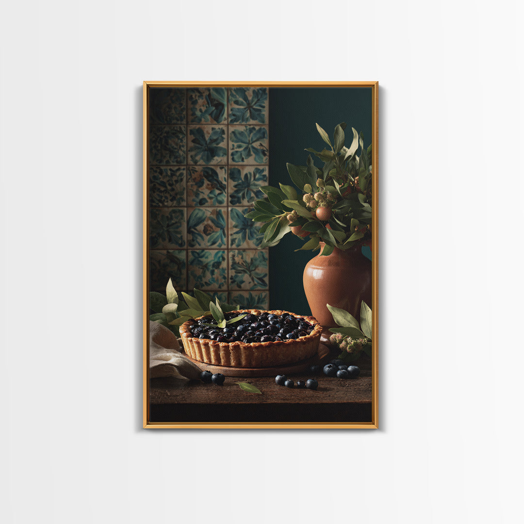 Blueberry Galette with Rustic Farmhouse Texture Framed Canvas Print, Bakery Art, Digital Print, Bakery Decor, Patisserie, BAK-2x3-55