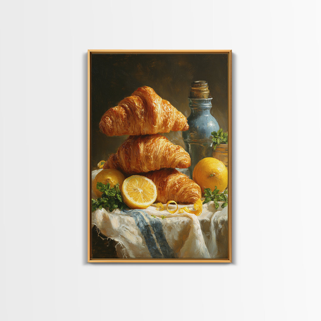 Buttery Croissants Stacked on Striped Linen Canvas Print, Bakery Art, Watercolor Print, Bakery Decor, Fine Art, Patisserie, BAK-2x3-57