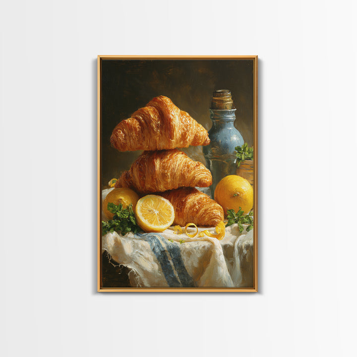 Buttery Croissants Stacked on Striped Linen Canvas Print, Bakery Art, Watercolor Print, Bakery Decor, Fine Art, Patisserie, BAK-2x3-57