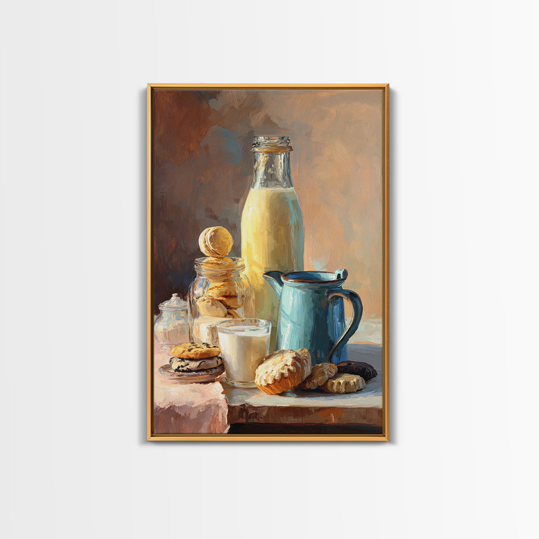 Milk Bottle and Cookies Nostalgic Still Life Framed Canvas Print, Bakery Art, Minimalist Decor, Bakery Decor, Patisserie, BAK-2x3-6