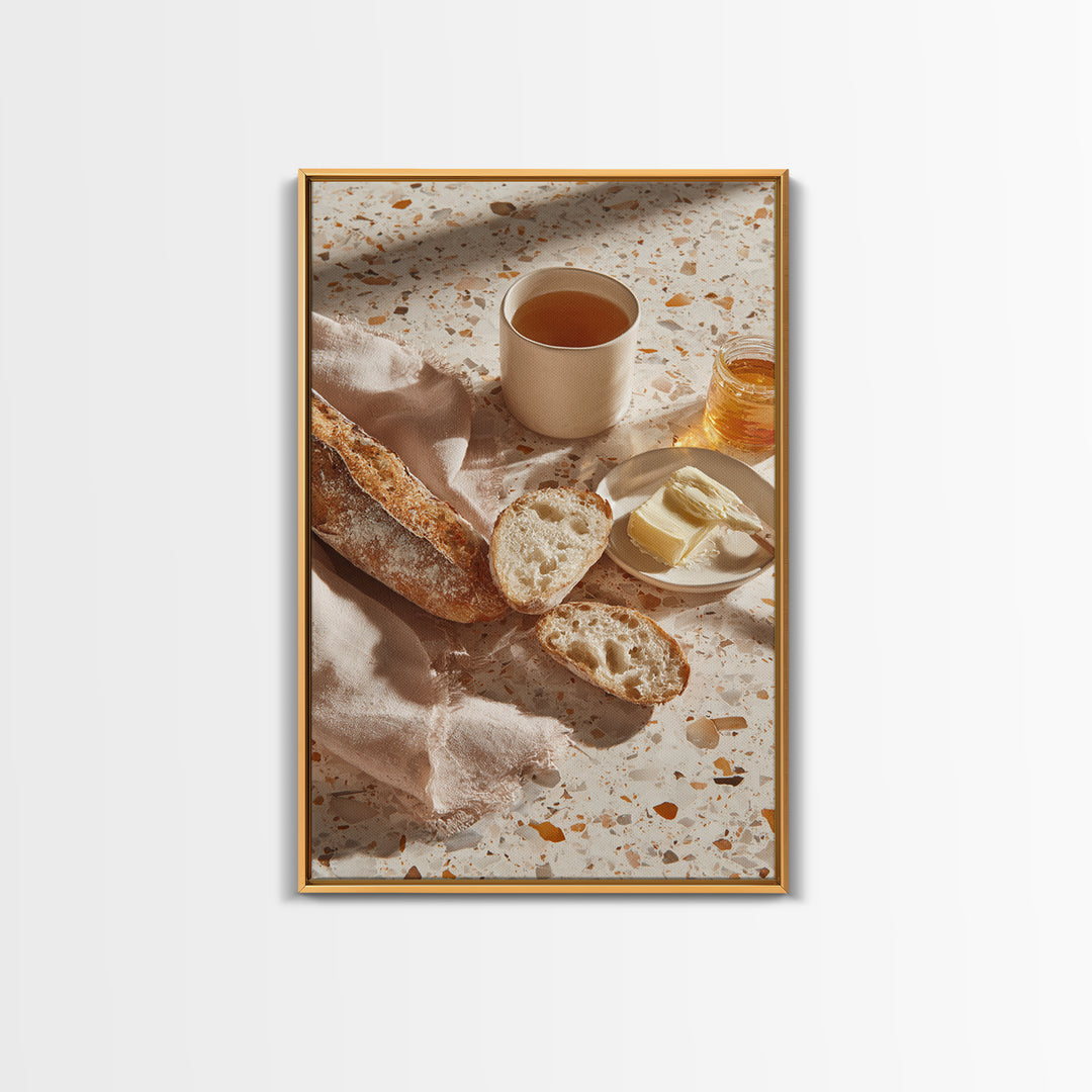 Baguette and Butter Still Life on Marble Framed Canvas Print, Bakery Art, Printable Wall Art, Bakery Decor, Patisserie, BAK-2x3-64