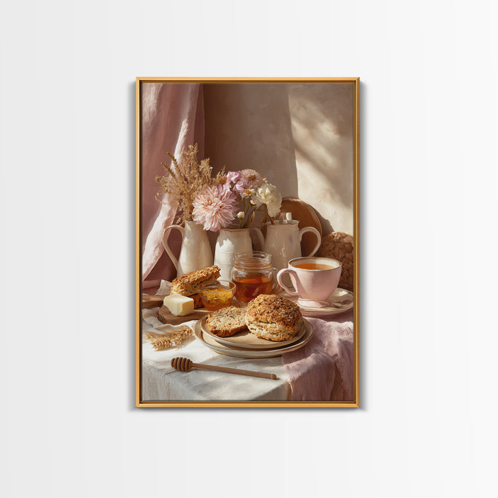 Tea and Scone Arrangement Framed Canvas Print, Bakery Art, Whimsical Wall Art, Bakery Decor, Fine Art, Patisserie, Luxury Decor, BAK-2x3-76