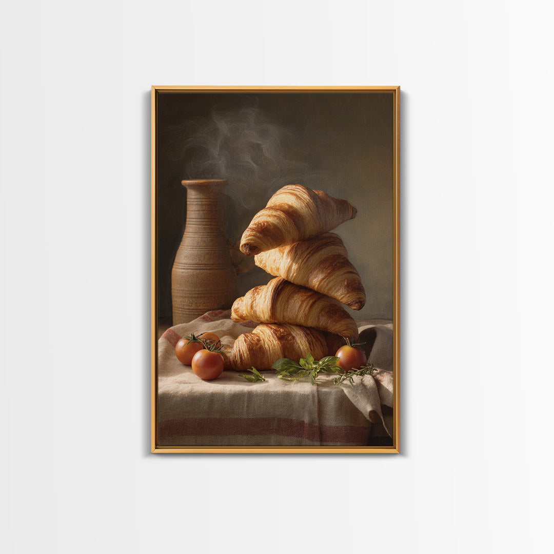 Buttery Croissants Stacked on Striped Linen Canvas Print, Bakery Art, Watercolor Print, Bakery Decor, Fine Art, Patisserie, BAK-2x3-81