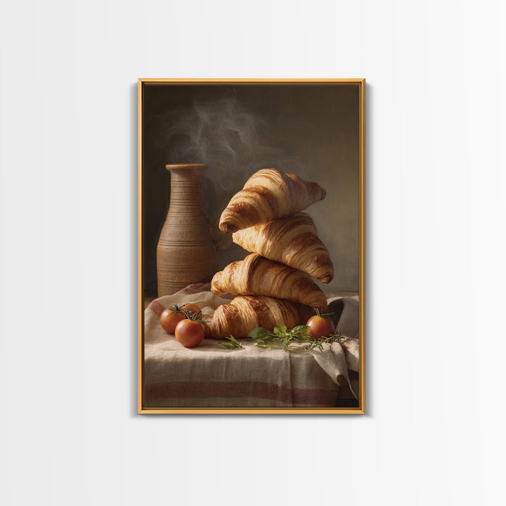 Buttery Croissants Stacked on Striped Linen Canvas Print, Bakery Art, Watercolor Print, Bakery Decor, Fine Art, Patisserie, BAK-2x3-81