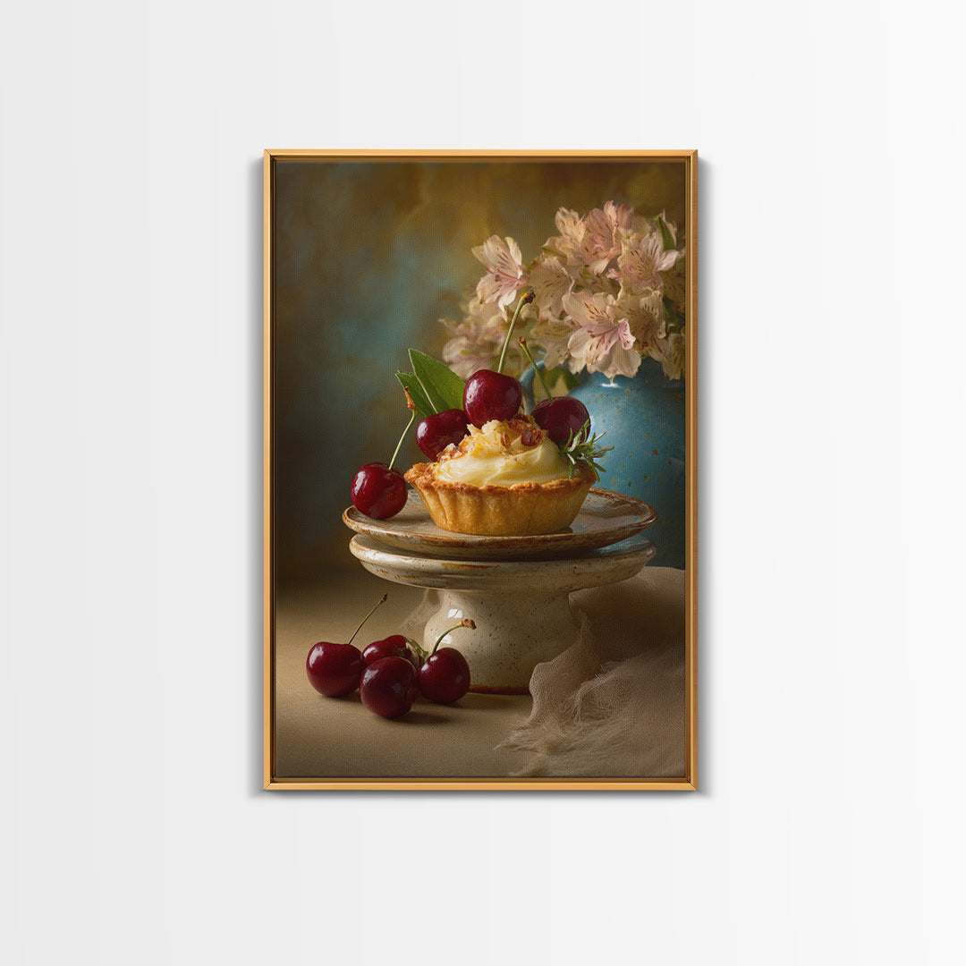 Cherry Tart Still Life Framed Canvas Print, Bakery Art, Neutral Wall Art, Bakery Decor, Fine Art, Patisserie, Statement Artwork, BAK-2x3-85