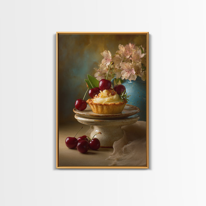 Cherry Tart Still Life Framed Canvas Print, Bakery Art, Neutral Wall Art, Bakery Decor, Fine Art, Patisserie, Statement Artwork, BAK-2x3-85