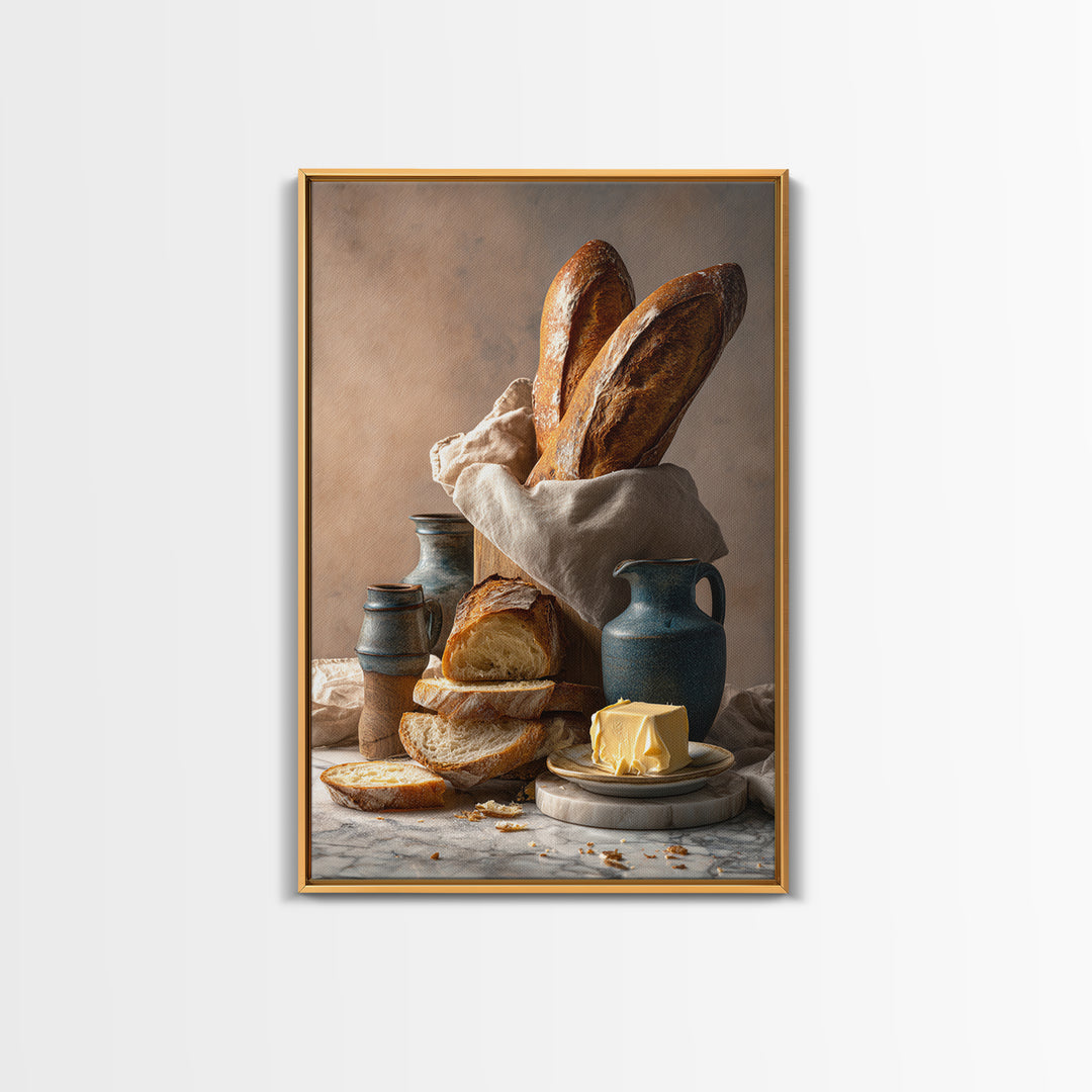 Baguette and Butter Still Life on Marble Framed Canvas Print, Bakery Art, Kitchen Print, Bakery Decor, Fine Art, Patisserie, BAK-2x3-88