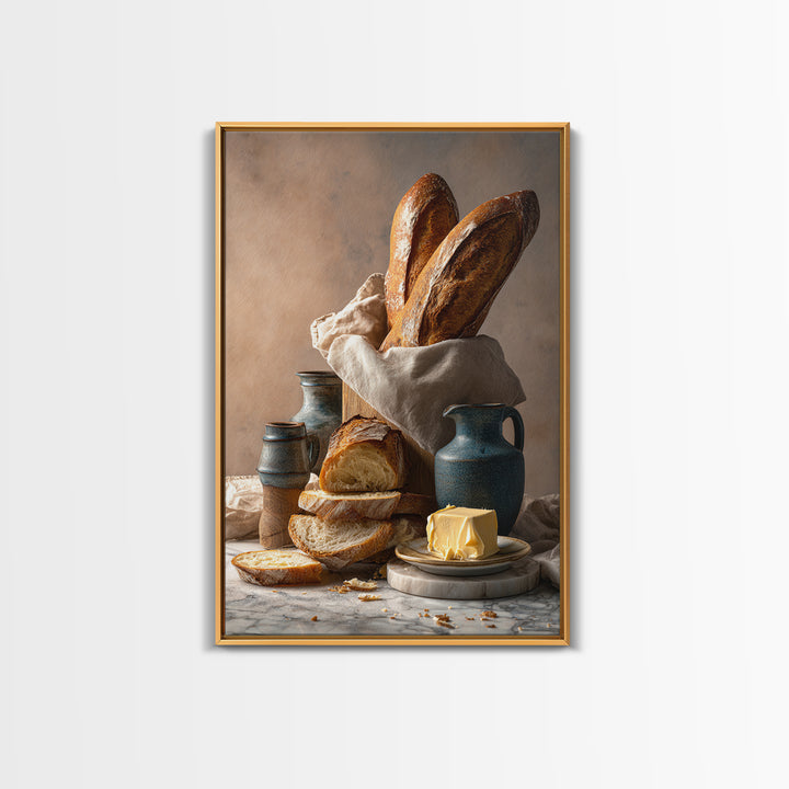 Baguette and Butter Still Life on Marble Framed Canvas Print, Bakery Art, Kitchen Print, Bakery Decor, Fine Art, Patisserie, BAK-2x3-88