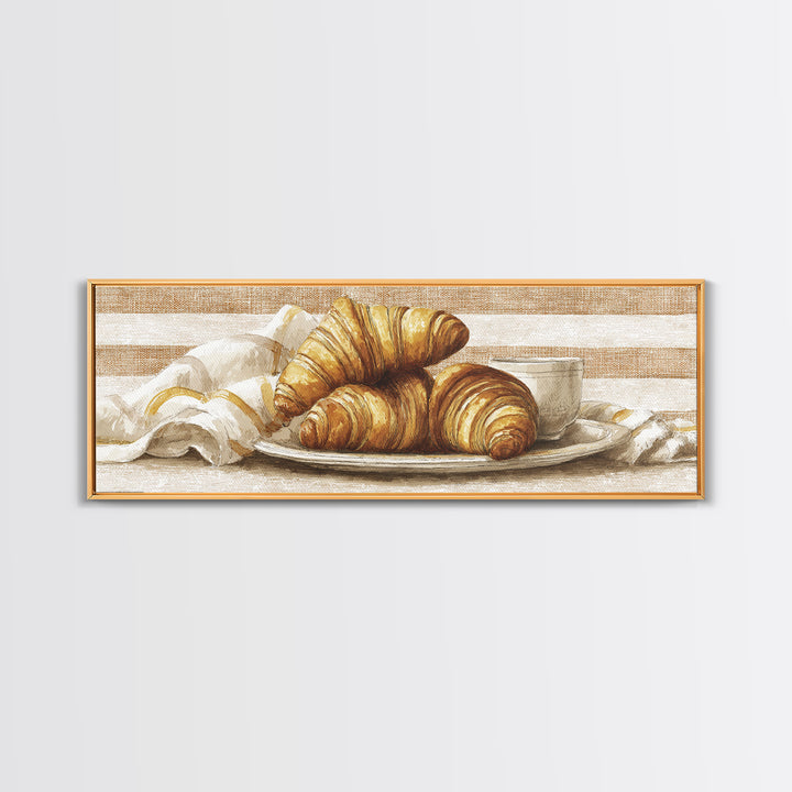 Buttery Croissants Stacked on Striped Linen Framed Canvas Print, Bakery Art, Dining Room Art, Bakery Decor, Abstract Art, BAK-3x1-17