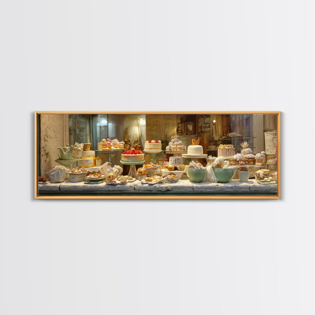 French Patisserie Window Display of Pastel Pastries Framed Canvas Print, Bakery Art, Watercolor Art, Bakery Decor, Patisserie, BAK-3x1-18