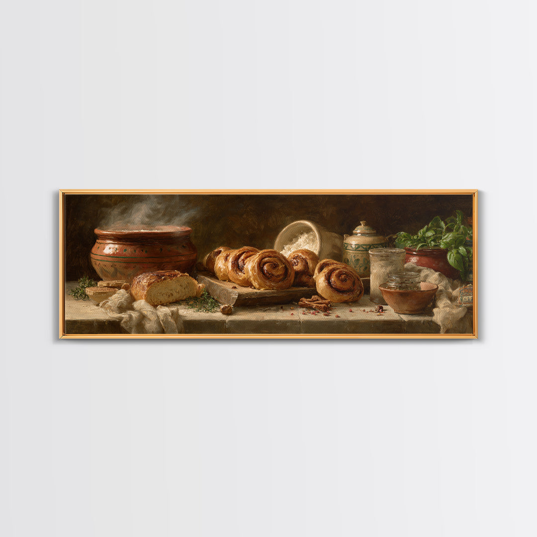 Cinnamon Rolls in a Warm Country Kitchen Framed Canvas Print, Bakery Art, Textured Painting, Bakery Decor, Fine Art, Patisserie, BAK-3x1-27