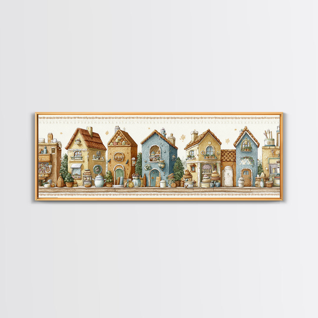 Gingerbread Houses in Charming Folk Art Style Canvas Print, Bakery Art, Whimsical Wall Art, Bakery Decor, Fine Art, Patisserie, BAK-3x1-6