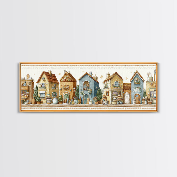 Gingerbread Houses in Charming Folk Art Style Canvas Print, Bakery Art, Whimsical Wall Art, Bakery Decor, Fine Art, Patisserie, BAK-3x1-6