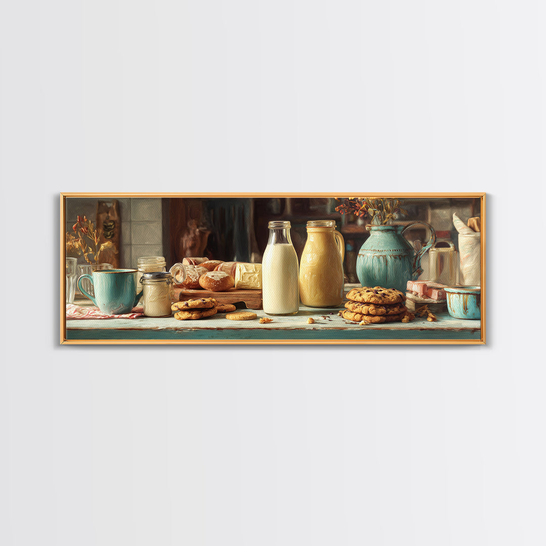 Milk Bottle and Cookies Nostalgic Still Life Canvas Print, Bakery Art, Boho Decor, Bakery Decor, Oil Painting, Patisserie, BAK-3x1-62