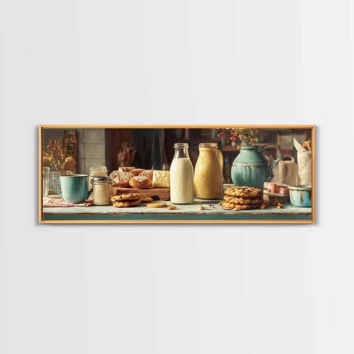Milk Bottle and Cookies Nostalgic Still Life Canvas Print, Bakery Art, Boho Decor, Bakery Decor, Oil Painting, Patisserie, BAK-3x1-62