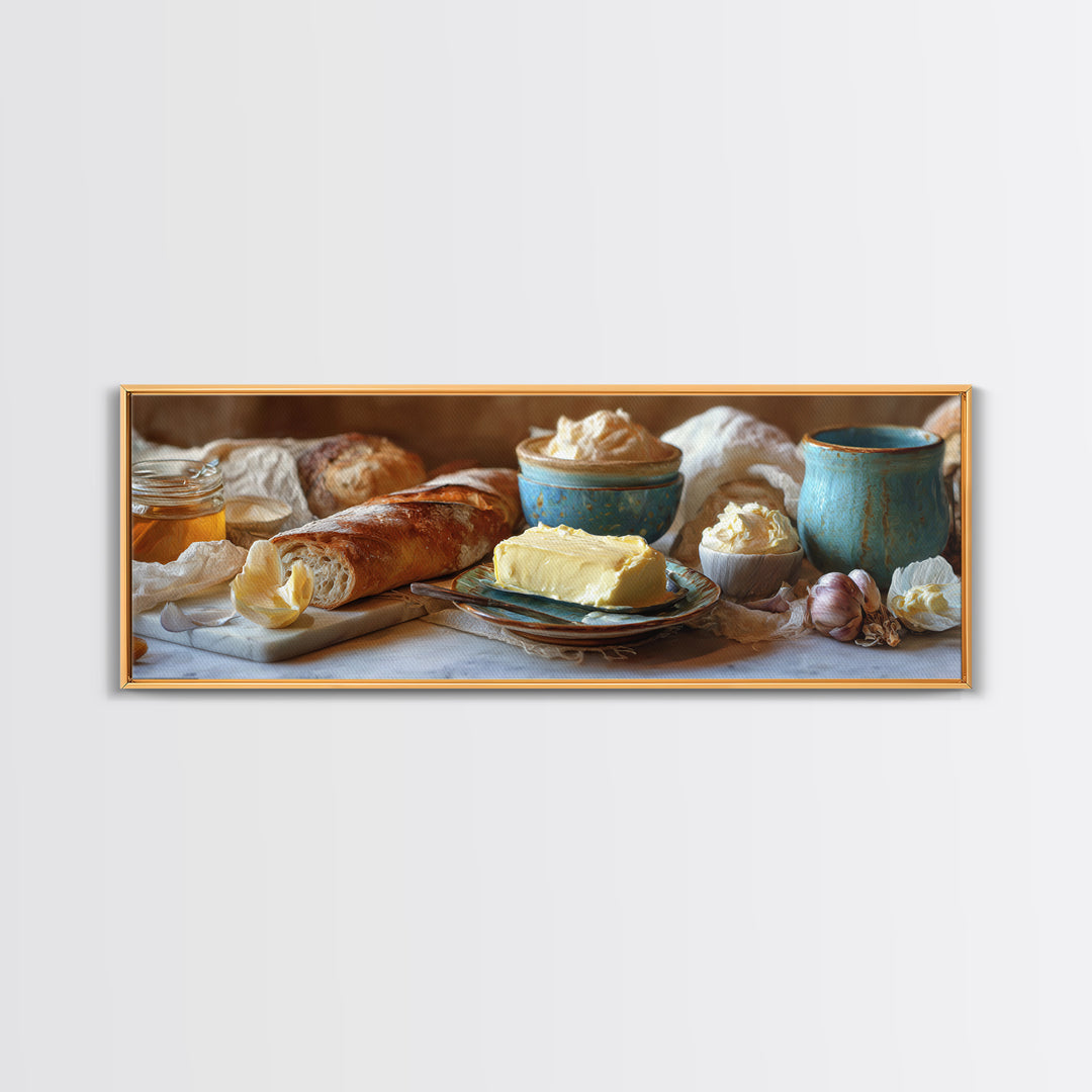 Baguette and Butter Still Life on Marble Framed Canvas Print, Bakery Art, Wall Decor, Bakery Decor, Fine Art, Patisserie, BAK-3x1-72