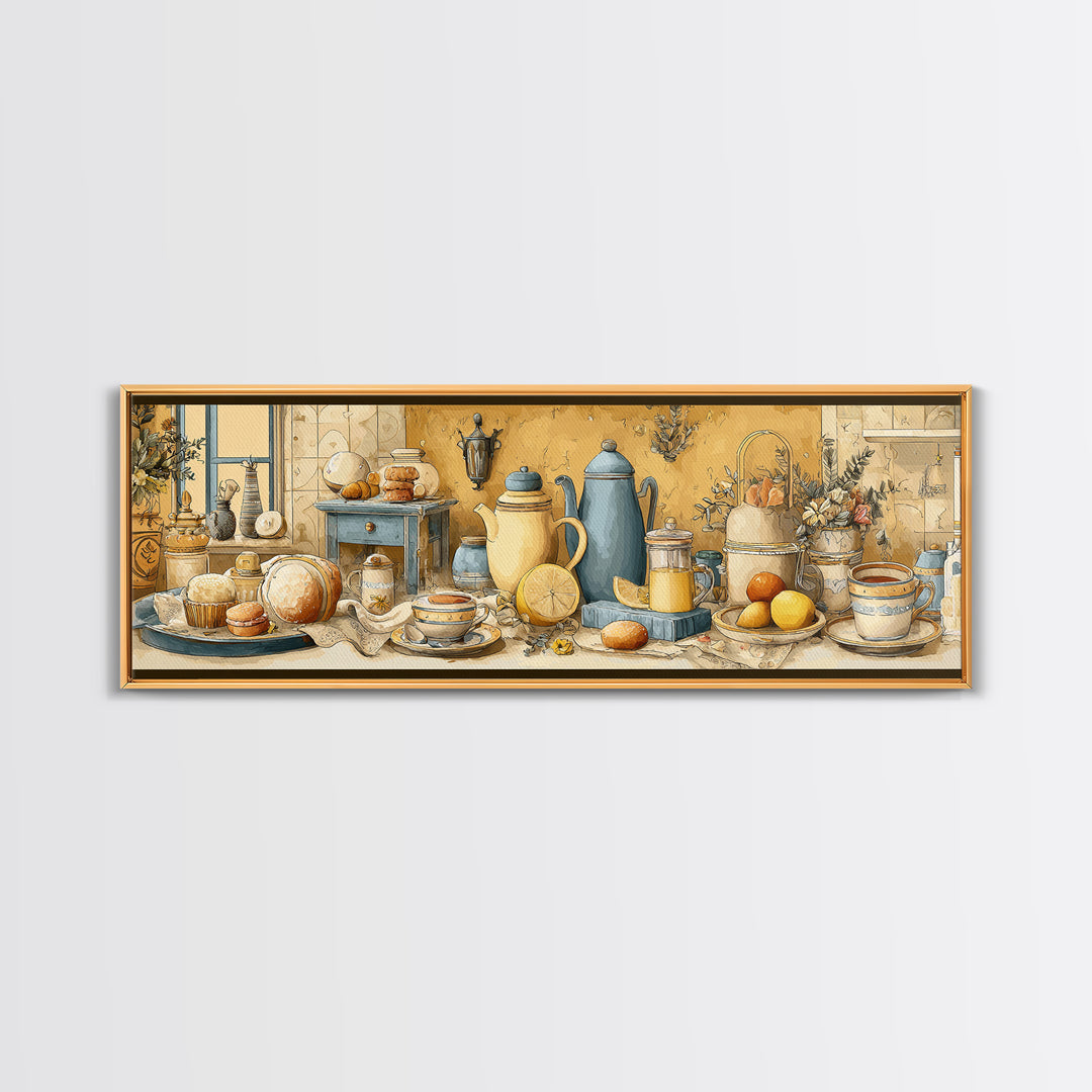 Tea and Scone Arrangement Framed Canvas Print, Bakery Art, Printable Wall Art, Bakery Decor, Patisserie, Coffee Wall Art, BAK-3x1-84