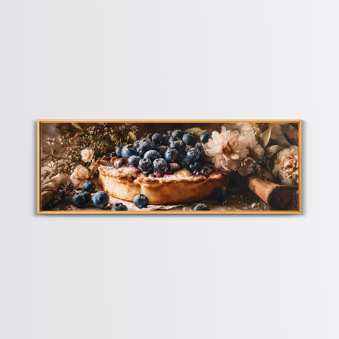Blueberry Galette with Rustic Farmhouse Texture Framed Canvas Print, Bakery Art, Watercolor Painting, Bakery Decor, Patisserie, BAK-3x1-87