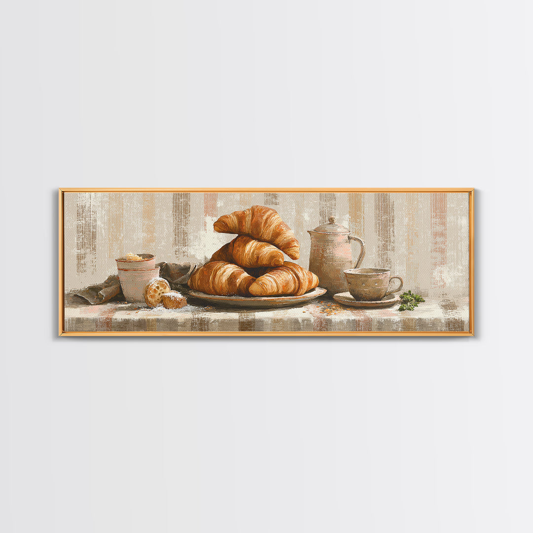 Buttery Croissants Stacked on Striped Linen Framed Canvas Print, Bakery Art, Boho Decor, Bakery Decor, Fine Art, Patisserie, BAK-3x1-89