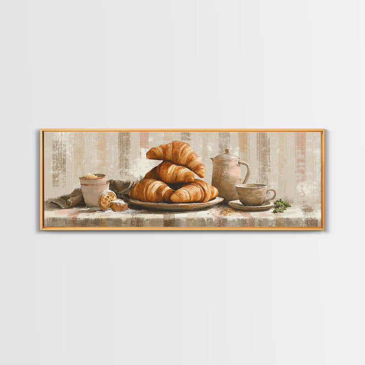Buttery Croissants Stacked on Striped Linen Framed Canvas Print, Bakery Art, Boho Decor, Bakery Decor, Fine Art, Patisserie, BAK-3x1-89