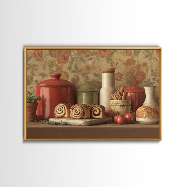 Cinnamon Rolls in a Warm Country Kitchen Framed Canvas Print, Bakery Art, Digital Download Art, Bakery Decor, Patisserie, BAK-3x2-15