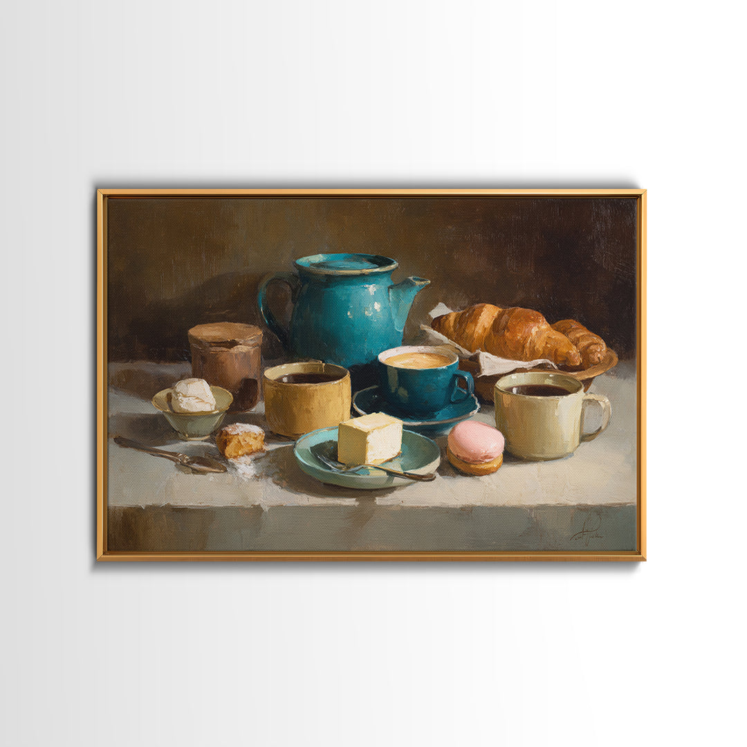 Painterly Eclair and Coffee Still Life Canvas Print, Bakery Art, Aesthetic Wall Art, Bakery Decor, Watercolor Art, Patisserie, BAK-3x2-16