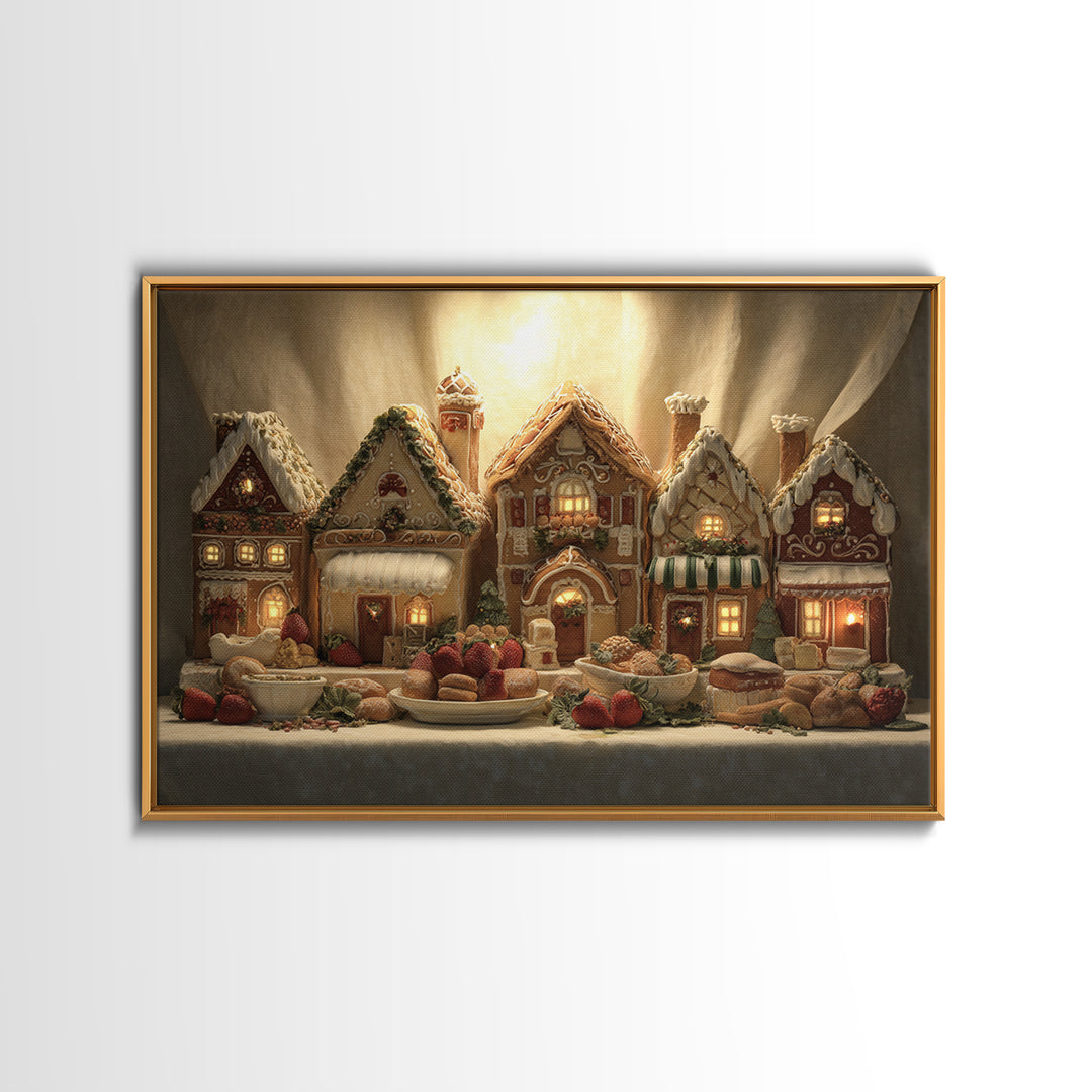 Gingerbread Houses in Charming Folk Art Style Framed Canvas Print, Bakery Art, Watercolor Art, Bakery Decor, Patisserie, BAK-3x2-18