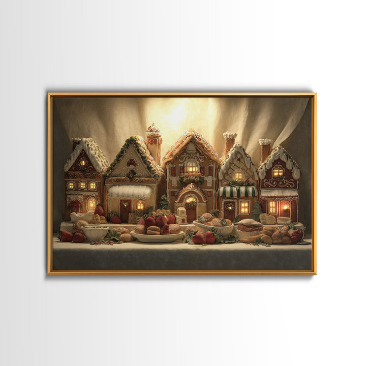 Gingerbread Houses in Charming Folk Art Style Framed Canvas Print, Bakery Art, Watercolor Art, Bakery Decor, Patisserie, BAK-3x2-18