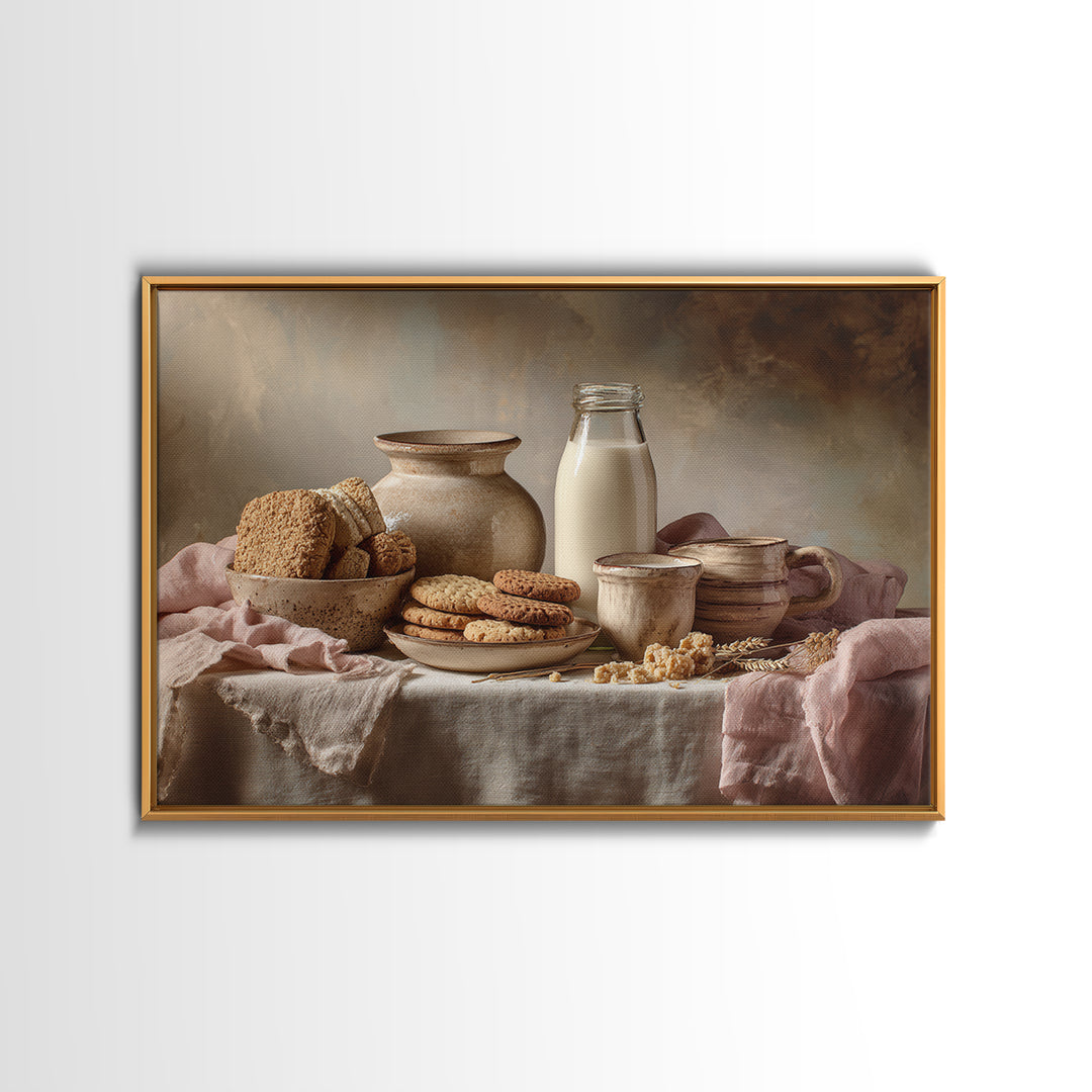 Milk Bottle and Cookies Nostalgic Still Life Canvas Print, Bakery Art, Food Art, Bakery Decor, Watercolor Art, Patisserie, BAK-3x2-26