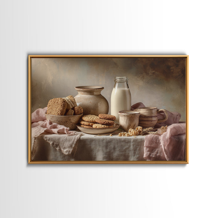 Milk Bottle and Cookies Nostalgic Still Life Canvas Print, Bakery Art, Food Art, Bakery Decor, Watercolor Art, Patisserie, BAK-3x2-26