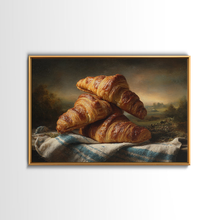 Buttery Croissants Stacked on Striped Linen Canvas Print, Bakery Art, Modern Decor, Bakery Decor, Abstract Art, Patisserie, BAK-3x2-29
