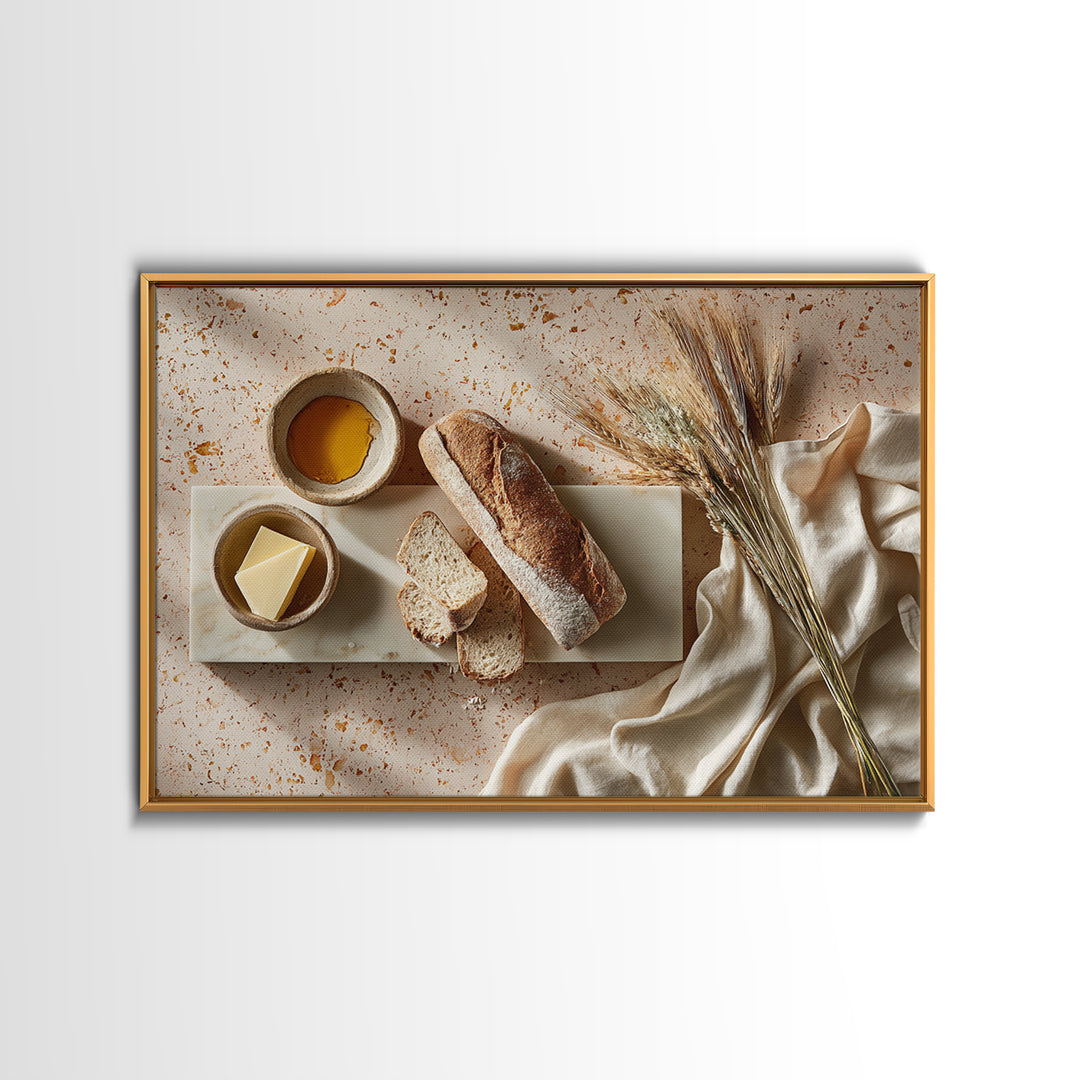 Baguette and Butter Still Life on Marble Framed Canvas Print, Bakery Art, Kids Art, Bakery Decor, Fine Art, Patisserie, BAK-3x2-36
