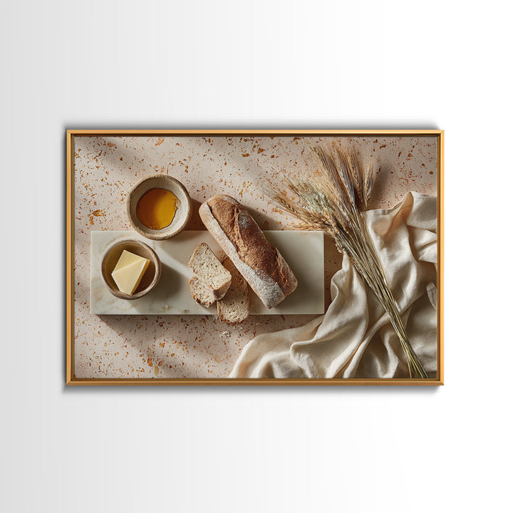 Baguette and Butter Still Life on Marble Framed Canvas Print, Bakery Art, Kids Art, Bakery Decor, Fine Art, Patisserie, BAK-3x2-36