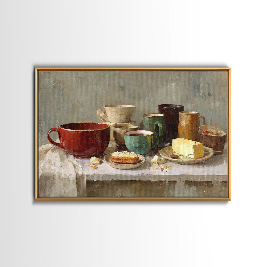 Painterly Eclair and Coffee Still Life Framed Canvas Print, Bakery Art, Bakery, Bakery Decor, Oil Painting, Patisserie, BAK-3x2-40