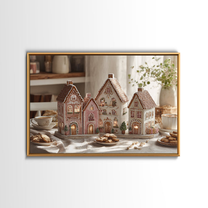 Gingerbread Houses in Charming Folk Art Style Canvas Print, Bakery Art, Digital Download Art, Bakery Decor, Patisserie, BAK-3x2-42