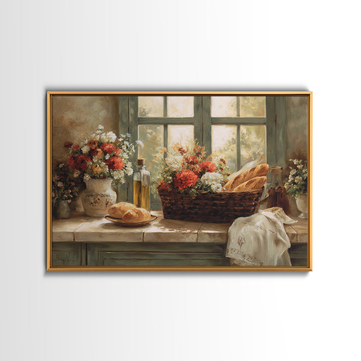 French Market Basket Filled Framed Canvas Print, Bakery Art, Kitchen Art Print, Bakery Decor, Patisserie, Modern Decor, BAK-3x2-46