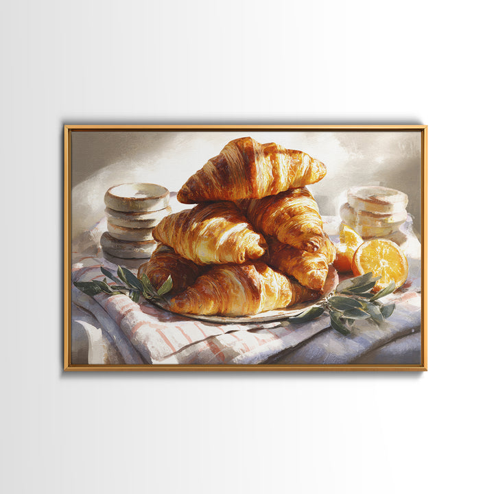 Buttery Croissants Stacked on Striped Linen Framed Canvas Print, Bakery Art, Fine Art, Bakery Decor, Patisserie, BAK-3x2-5