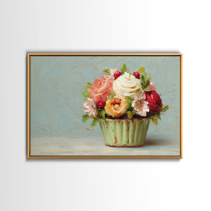 Cupcake Bouquet Painted Framed Canvas Print, Bakery Art, Kitchen Wall Art, Bakery Decor, Oil Painting, Patisserie, BAK-3x2-59