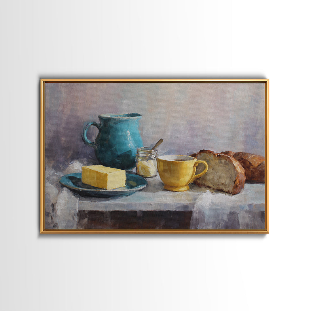 Baguette and Butter Still Life on Marble Framed Canvas Print, Bakery Art, Textured Painting, Bakery Decor, Fine Art, Patisserie, BAK-3x2-60